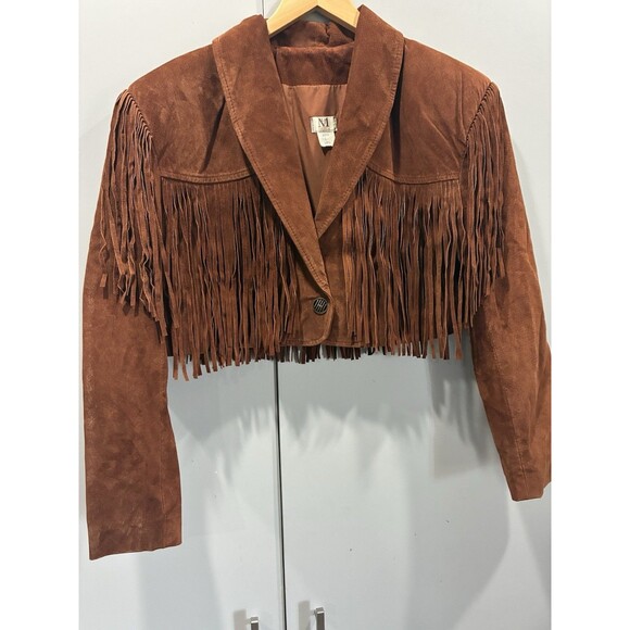 1970s Brown Suede Fringe Jacket Cropped Western Boho Leather Festival Women’s L - Picture 11 of 16